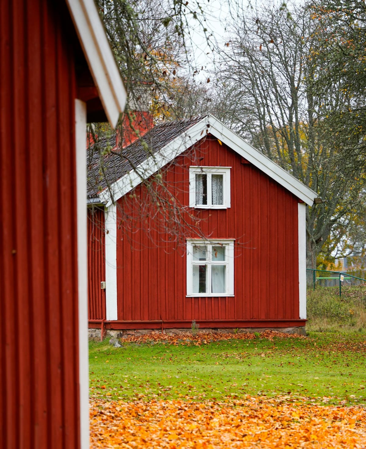 Rødt træhus med hvide vinduer i efterårslys